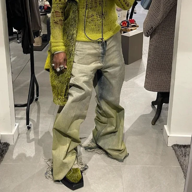 RO Style Gradient Yellow Green Baggy Jeans for Men and Women Straight Patchwork Pocket Casual Denim Trousers Oversize Cargo Pant
