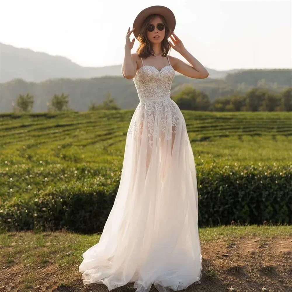 Stylish Bohemian Princess A-Line Tulle Applique Wedding Dress Sexy Sweetheart Italian Halter Halter Bridal Dress 2025 Customized