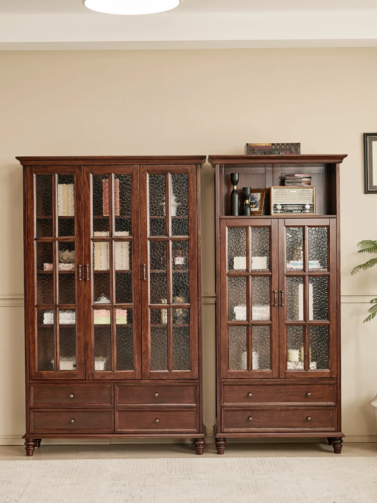 XL Solid Wood Three-Door Two-Door Bookcase with Glass Doors Vintage Style Bookshelf Storage Wine Cabinet