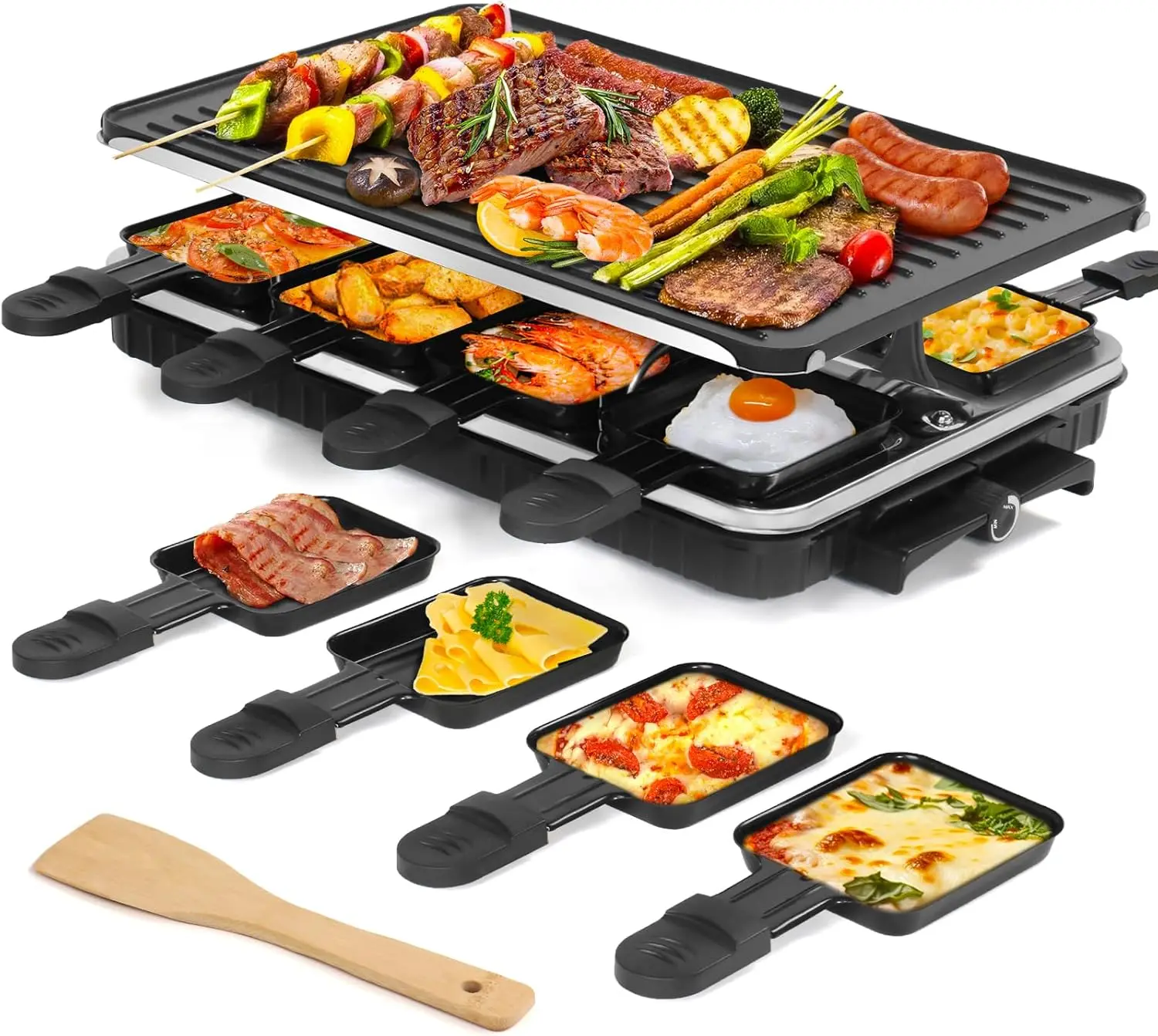 

2-in-1 Electric Raclette Grill with 8 Cheese Pans, Adjustable Temperature, Nonstick Surface for Family BBQ and Party Fun