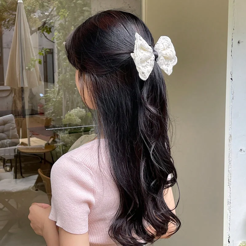 ربطة شعر أنيقة بفيونكة من الدانتيل للنساء والفتيات ، سكرونشي من القماش ، لهجات الفراشة والقوس ، حامل ذيل حصان مرن ، أبيض أنيق