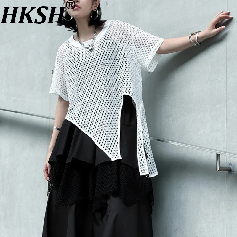 

HKSH Women Trend T-shirt Hollow Out Sheer Mesh Asymmetric Irregular Hem O-neck Short Sleeve Versatile Ins Top New Summer HK19708