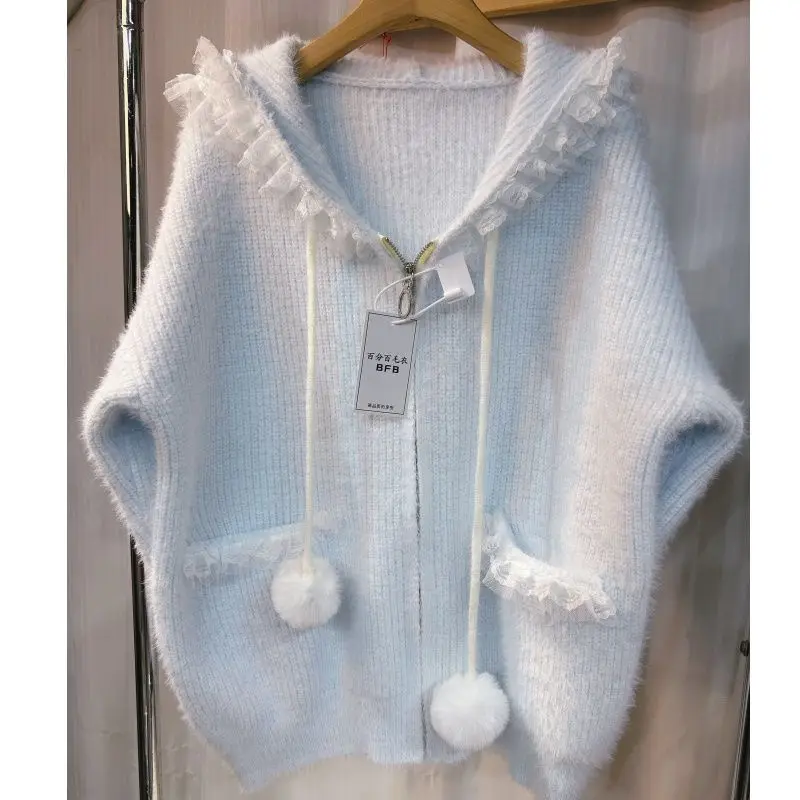 

Japan Hooded Mink Knitted Autumn And Winter Cardigan New Lazy Lace Loose Sweater Jacket Top Sweet Knitted Sweater