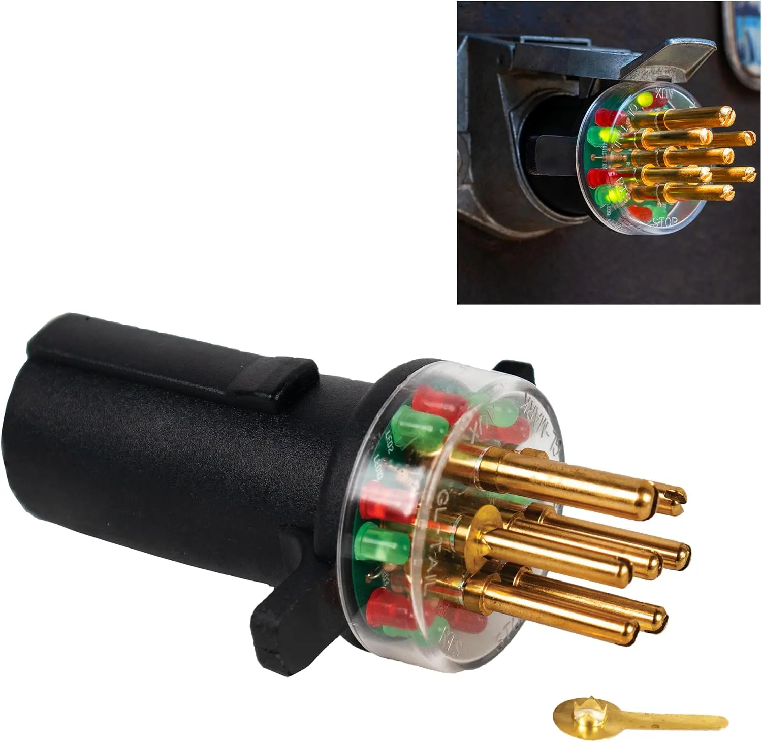 

7-Way Round Pin Tractor Trailer Circuit Chaser for Testing Turn Signals, Hazard Lights, Brake Lights