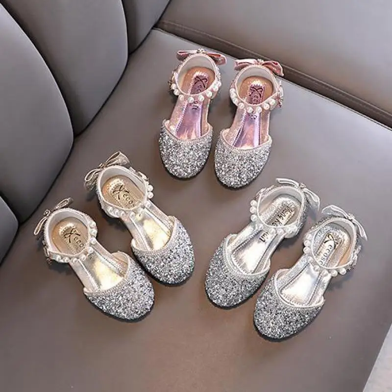 Meisje Sandalen Zomer Nieuwe Pailletten Boog Prinses Schoenen Mode Bling Kids Bruiloft Kinderen Schoenen Soft Flat Antislip sandalen G906