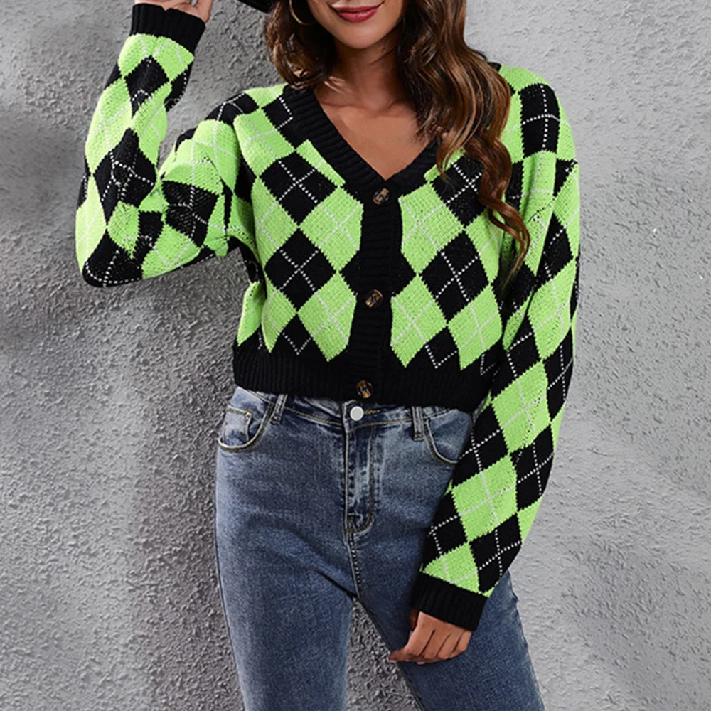 

Women's Diamond Jacquard Knitted Cardigan Short Sweater Color Matching Loose Fit European And American Style Clothing