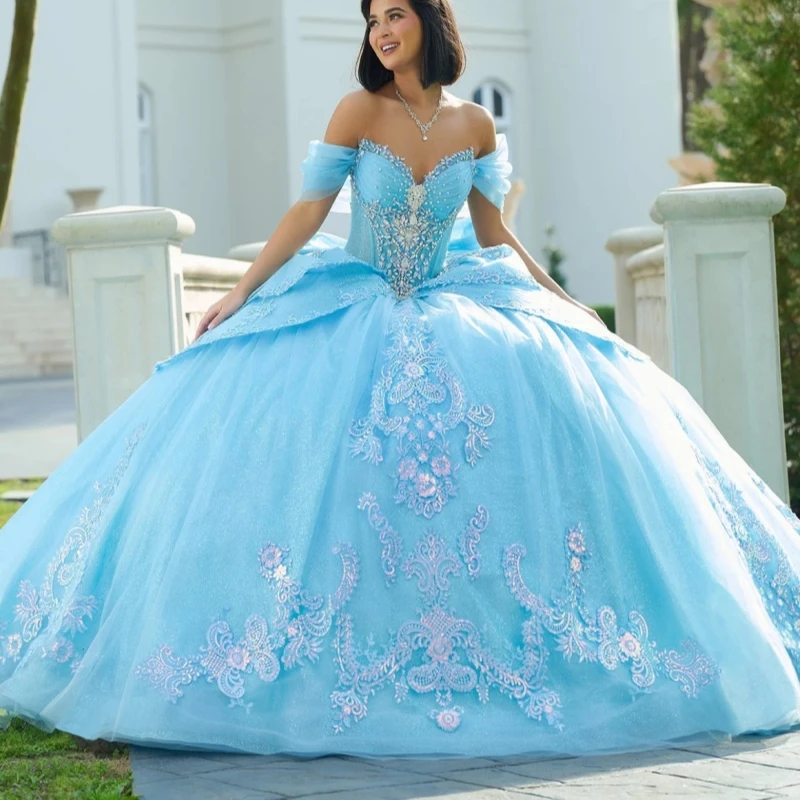 

Sky Blue Shiny Quinceanera Dresses Ball Gown Off The Shoulder Applique Lace Beads Bow Tull Sweet 16 Dress Vestidos 15 De Anos