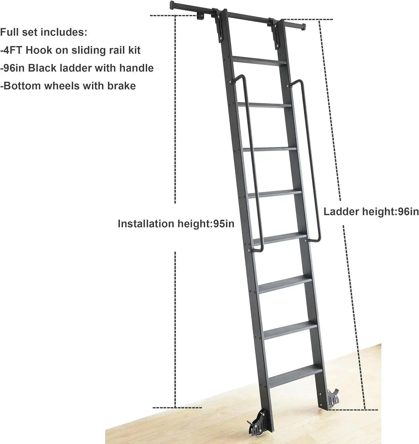 Metal Step Ladder with Glab Handle,Kit Includes 4FT Hook On Rolling Library Ladder Hardware