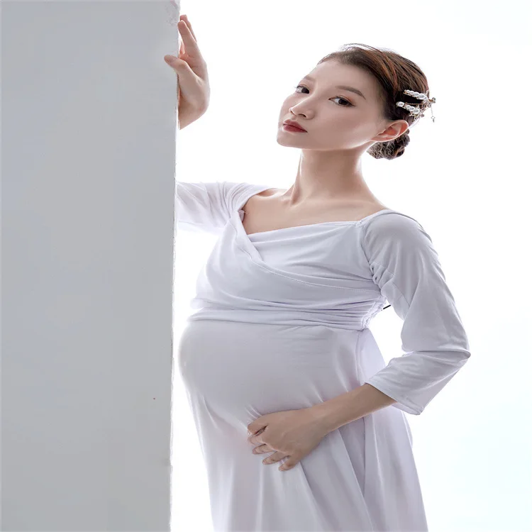 Black White Long Cotton Maternity Photography Dress Elegance Maternity Dresses For Photo Shoot Nice Long Train Pregnancy Dress