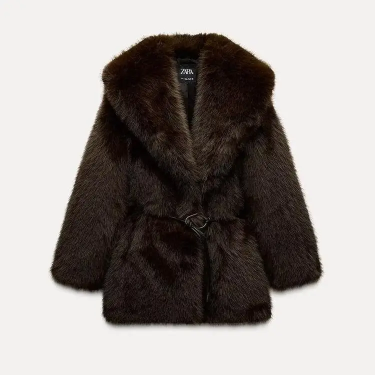 

Fall Winter New Arrival Women's High-End Faux Fur Coat with Belt Warm Outerwear Long Sve V-Ne Loose Fit Sweet Sle