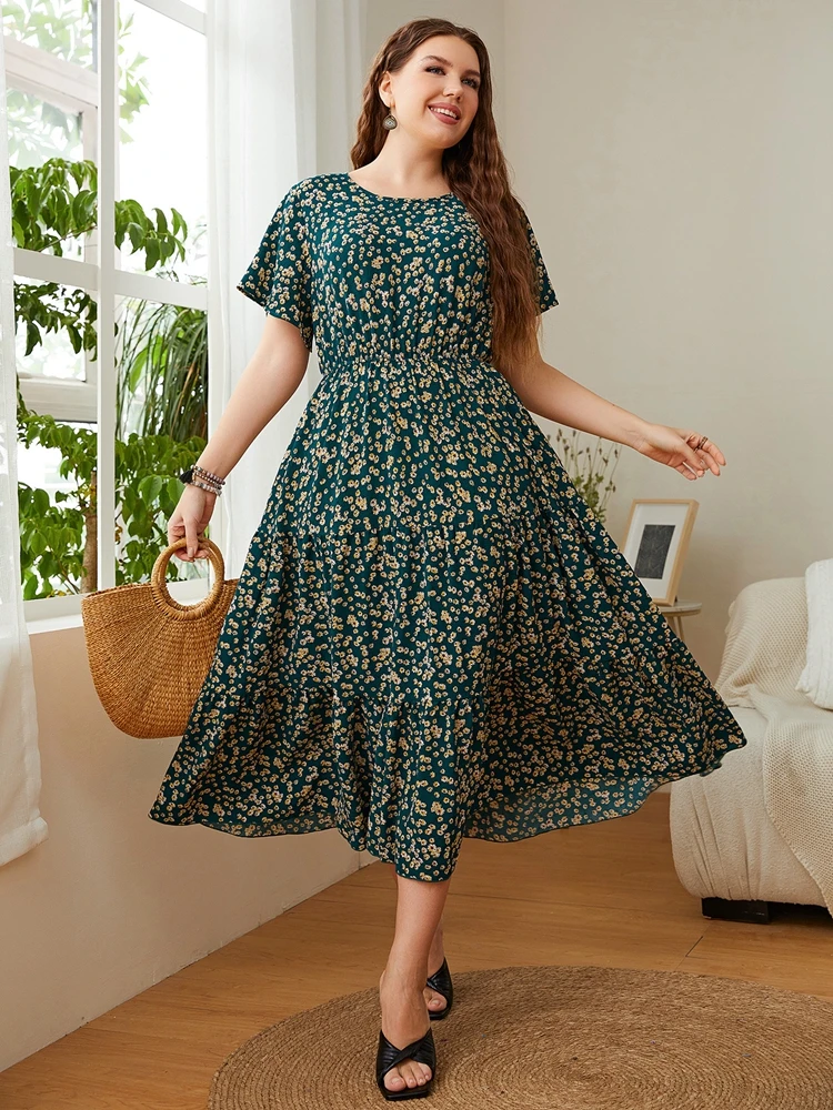 

Women's round neck loose casual print elegant swing dress, women's fashion dress, summer plus size new,