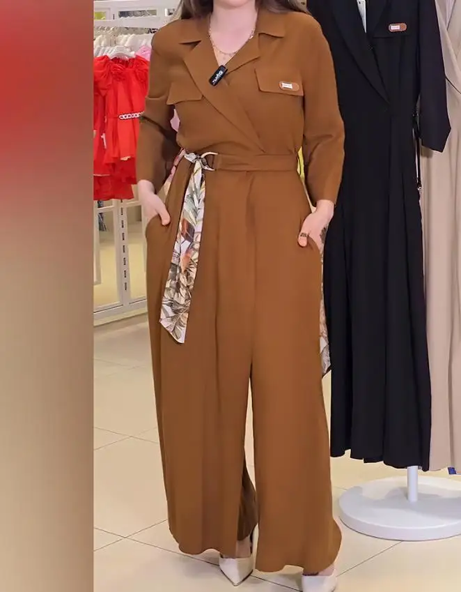 Jumpsuit Dames 2025, Lente Nieuwe Turn-Down Kraag Lange Mouw Casual Asymmetrisch Gebonden Detail Hoge Taille Wijde Pijpen Jumpsuit