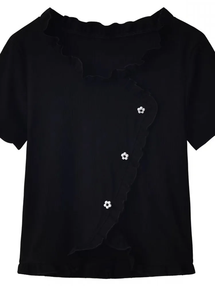 Novedad de verano, camiseta ort Sve de diseño, Faion para mujer, dobladillo asimétrico, adelgazante, versátil, longitud ort, Top coreano Sle