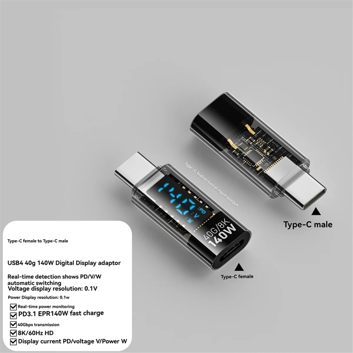 #50J USB C Adapter LED Wattage Display Power Meter Tester Black,Type-C Male To Female Phone Adapter,(Transparent Black)