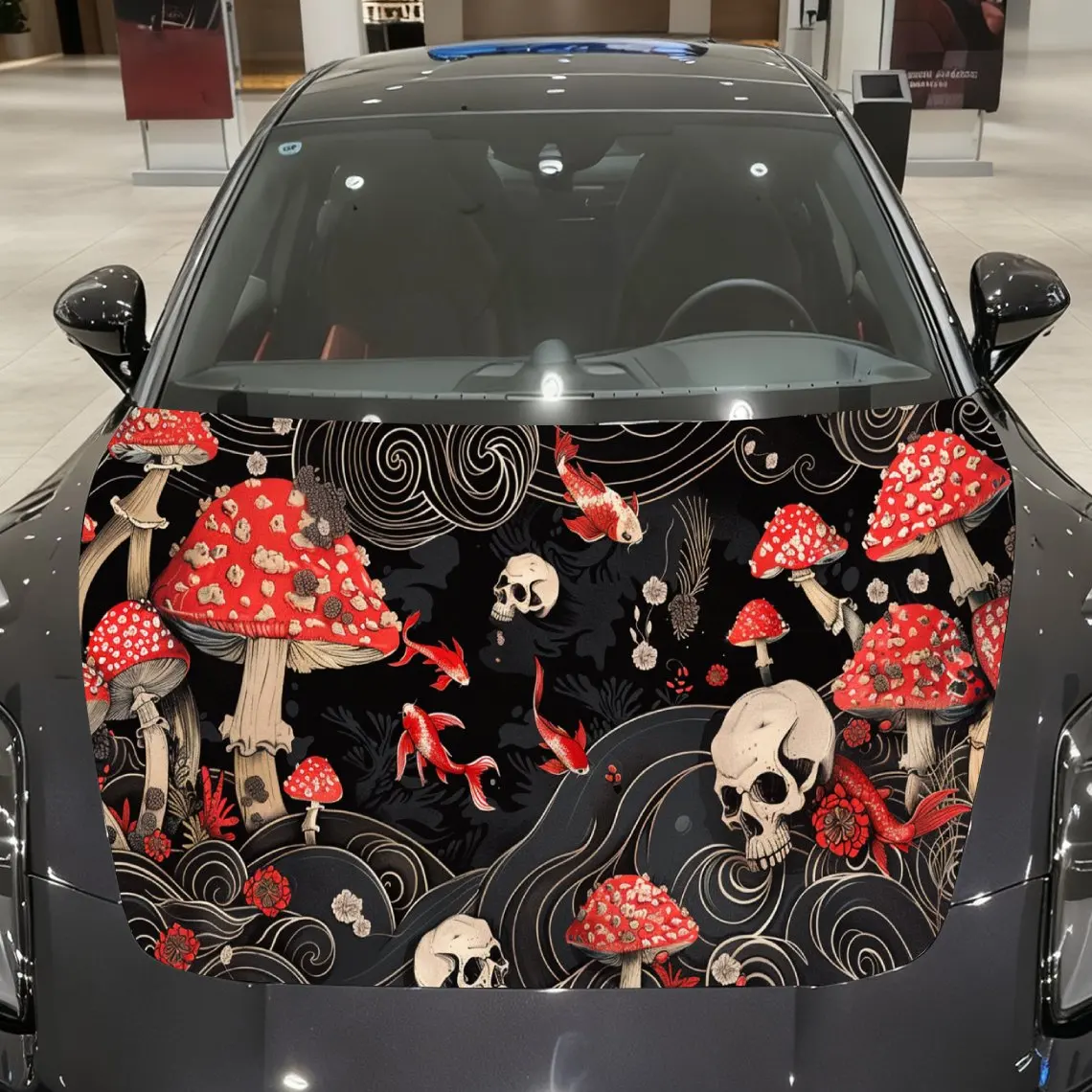 

Red Koi Fish and Skull Auto Cover Sticker, Waterproof and Self-adhesive Car Hood Decal, Auto Vinyl Wraps, Cool Car Exterior Deca