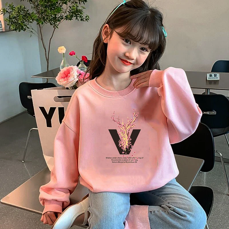 

2025 New Autumn Winter Kids Sweatshirts for Boys Girls Letter V Print Outwear Sweaters Baby Child 50% Cotton Pullovers Tops