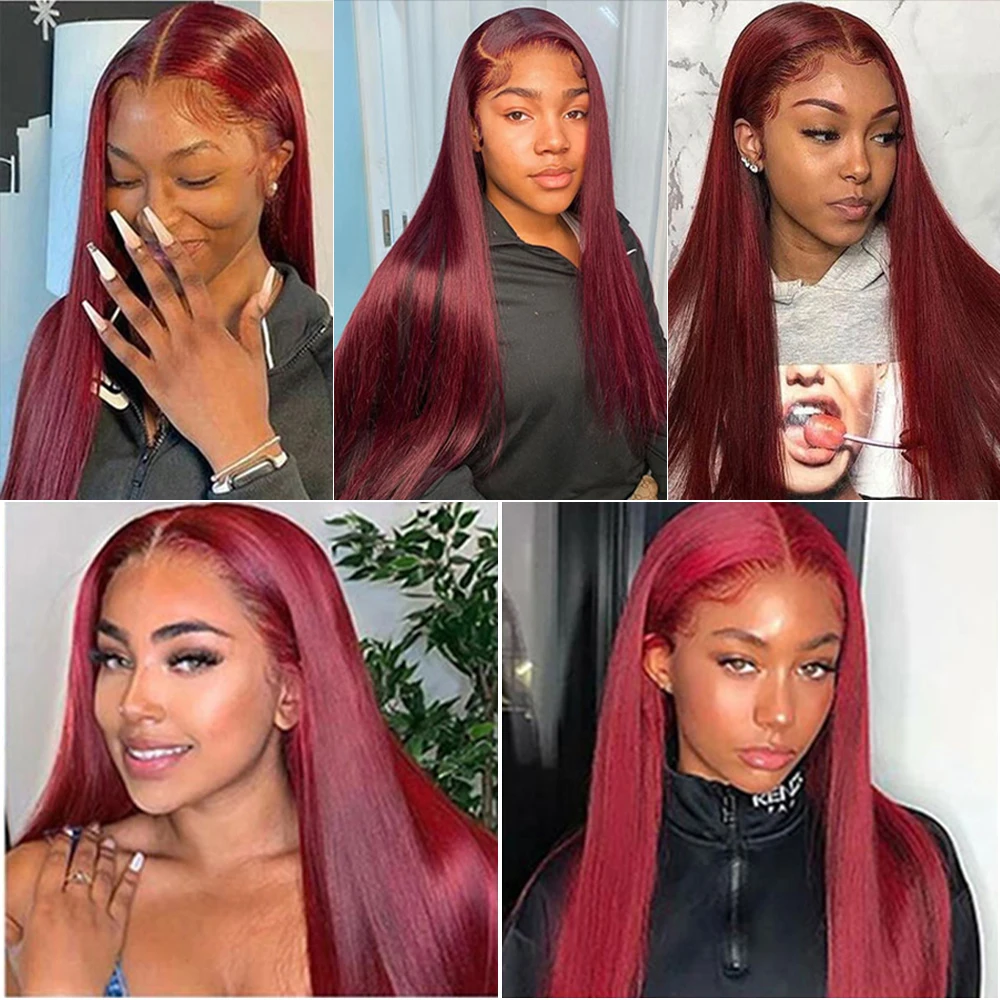 38インチ 99j バーガンディ レースフロント 人毛ウィッグ 13x6 ボーンストレート HDレースフロントウィッグ 密度200% カラー済み 生え際処理済みレースウィッグ