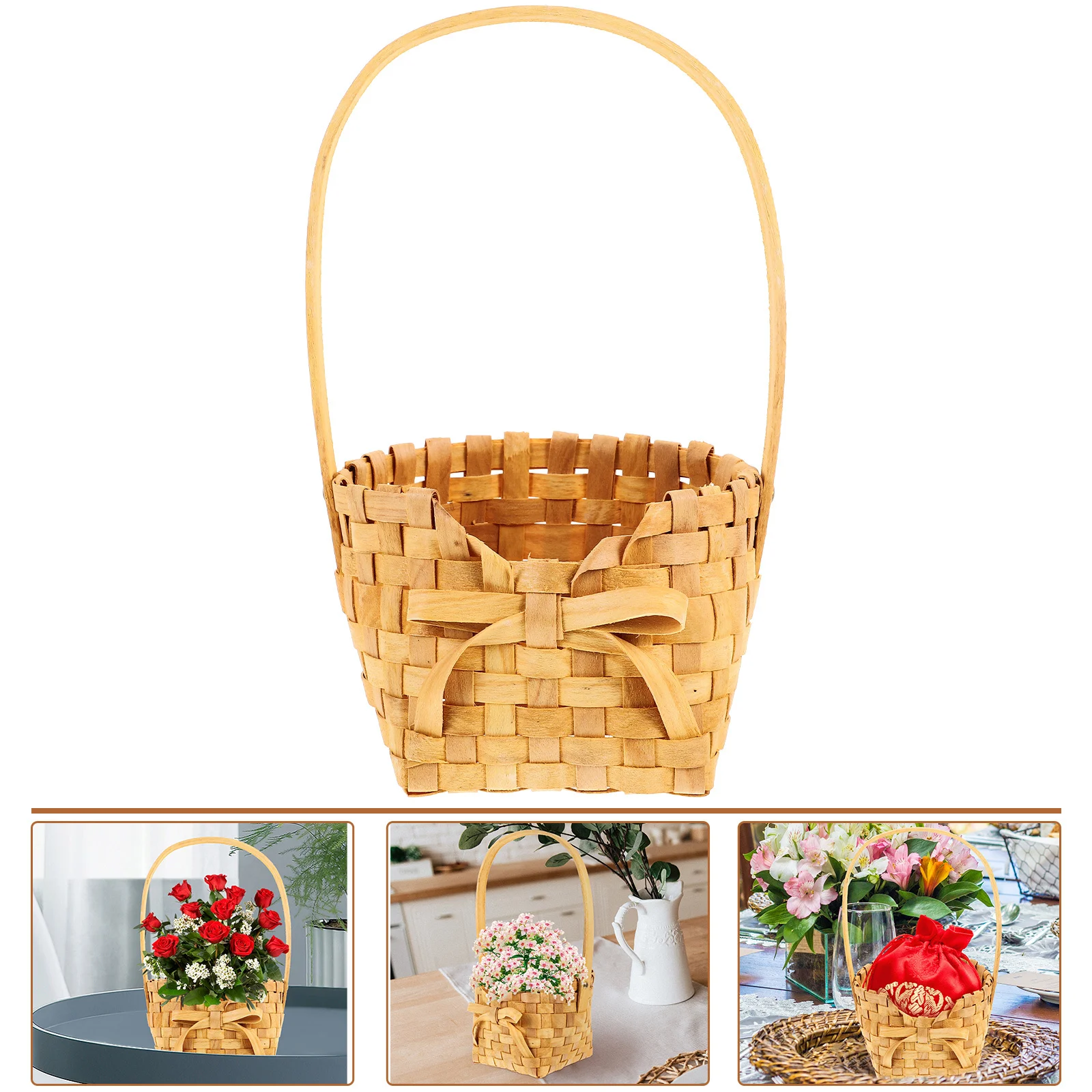 

Handheld Woven Basket Portable Rustic Storage Decorative Bamboo Handle Picnic Outdoor Party Woven Basket with Handle