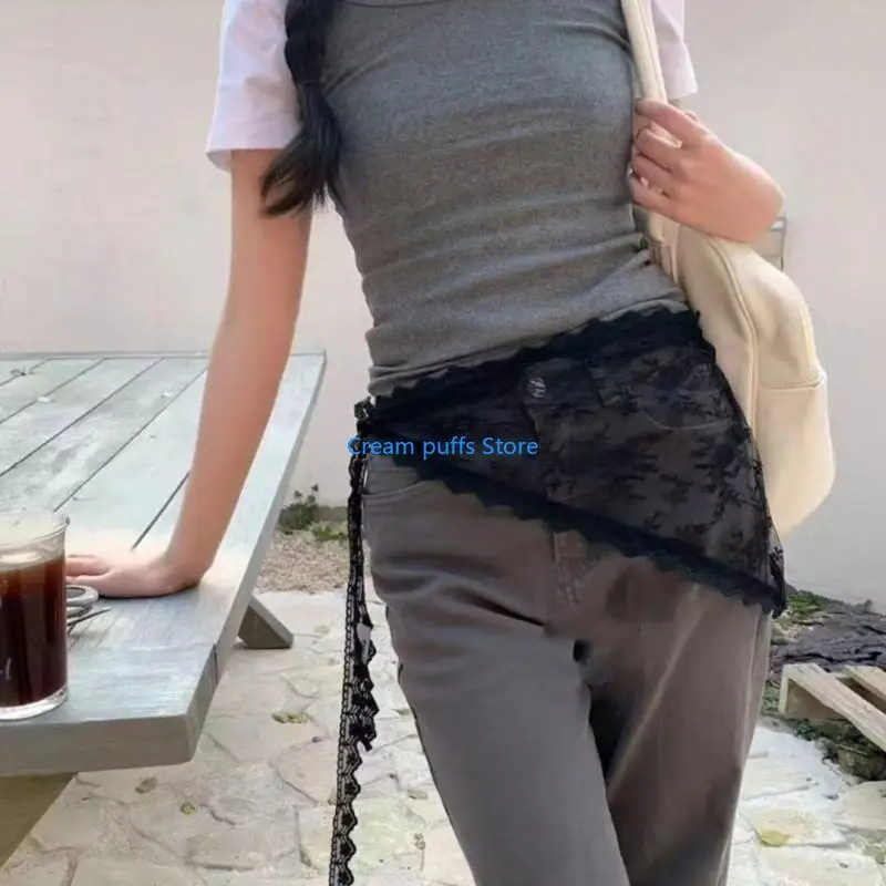 50LE Adjustable Summer Mesh Half Skirt With Floral Lace Trim Korean White Layered Skirt Layering Skirt for Jeans