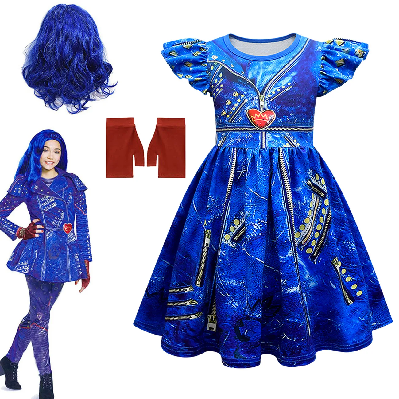 New Kids Halloween Costume For Girls Evie Mal Descendants Cosplay Costumes With Wig Children\'s Carnival Party Dress+pants set