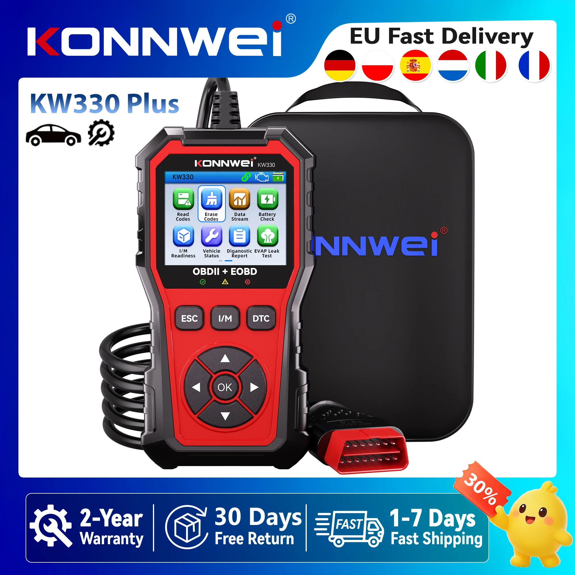 Strumento diagnostico professionale KONNWEI KW330 Plus, scanner OBD2 per auto, lettura e cancellazione codici di errore del motore e della batteria, consultazione dei codici DTC, visualizzazione dati