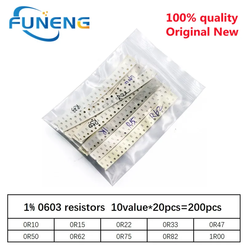 200 шт. 1% 0603 SMD резисторы в ассортименте, набор DIY, 10 значений * 20 шт = 200 шт. 1R00 R820 R750 R620 R500 R470 R330 R220 R150 R100