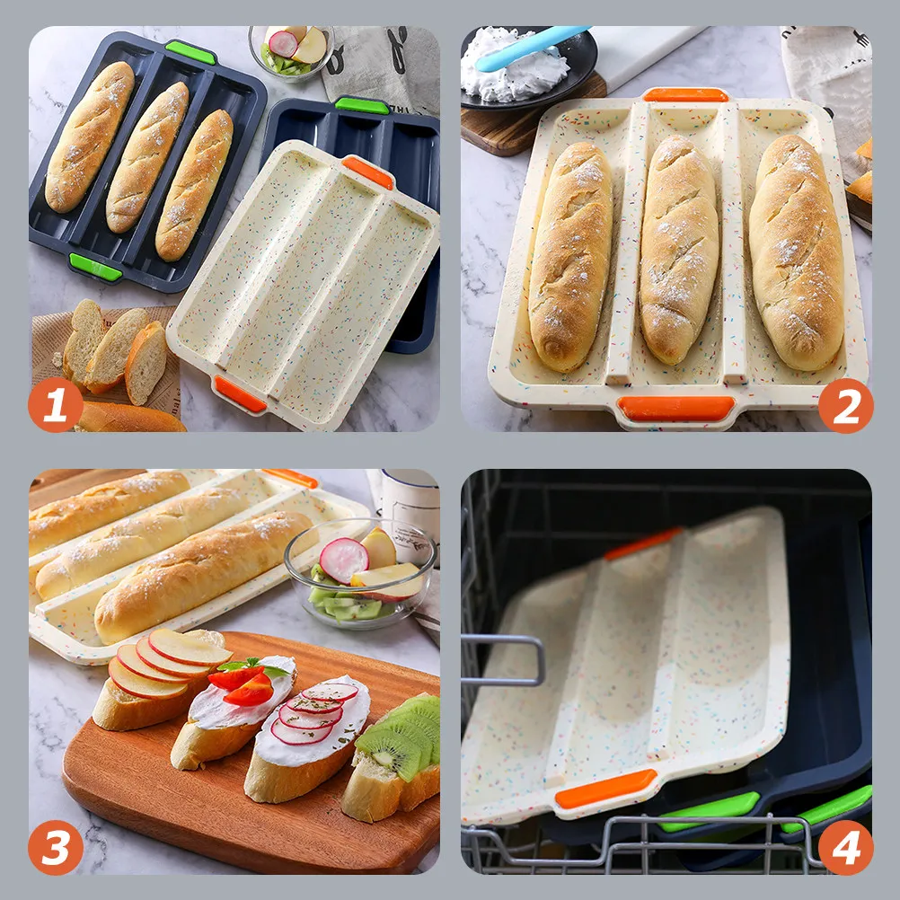 Silicone French Bread Mold 3 Slot Loaf Pan for Baking Hot Dog Buns Artisan Bread At Home Or Commercial Bakery