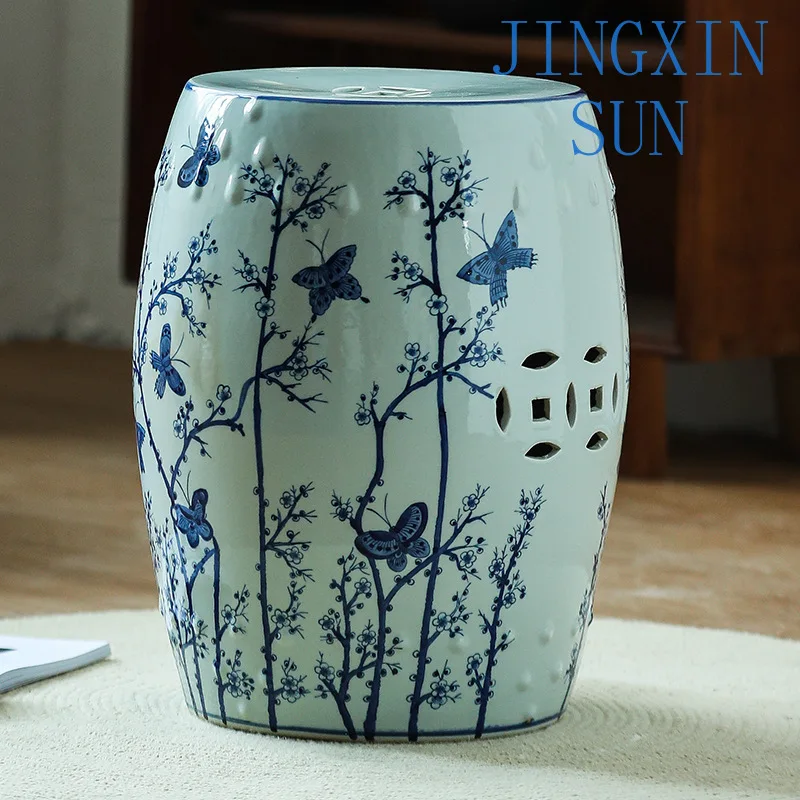 Blue and white porcelain shoe changing stool ceramic drum stool new Chinese round