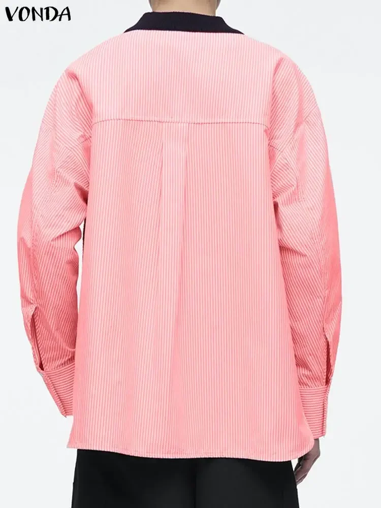 Stylish Tops VONDA Women Fashion Blouse 2025 Autumn Long Sleeve Knitted Color Patchwork Blusas V-Neck Casual Shirts Plus Size