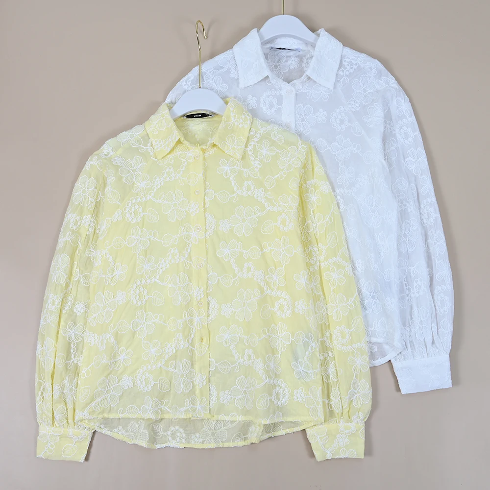 

Summer New Sle American Cotton Embroidered Flower Casual Lantern Sve irt Women's Loose Fit Long Sve Ne irt