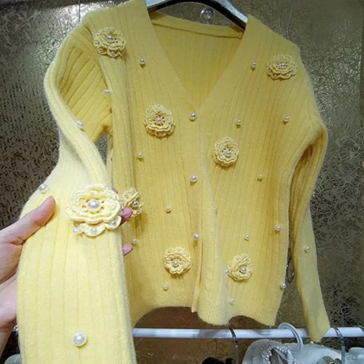 Hooked 3D Flowers Pearls Beaded Yellow Sweater Coat Fairy Floral Crocheted Knitted Cardigan Elastic Knitwear V-Neck Jumpers Tops