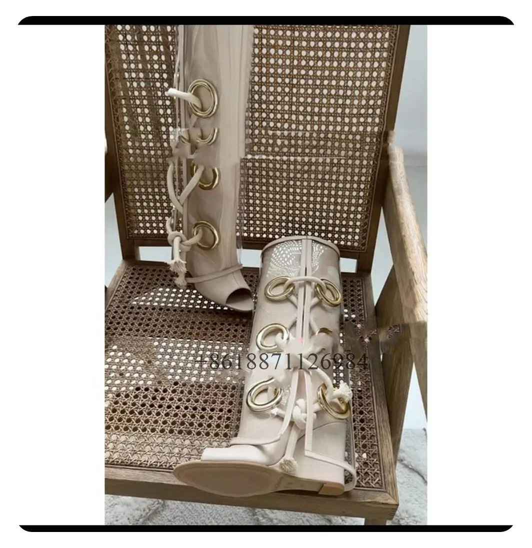 Peep Toe Knee-High Metal Decoration Women Sandals Boots Wedges High Heels Lace Up Design Large Size Customized Shoes