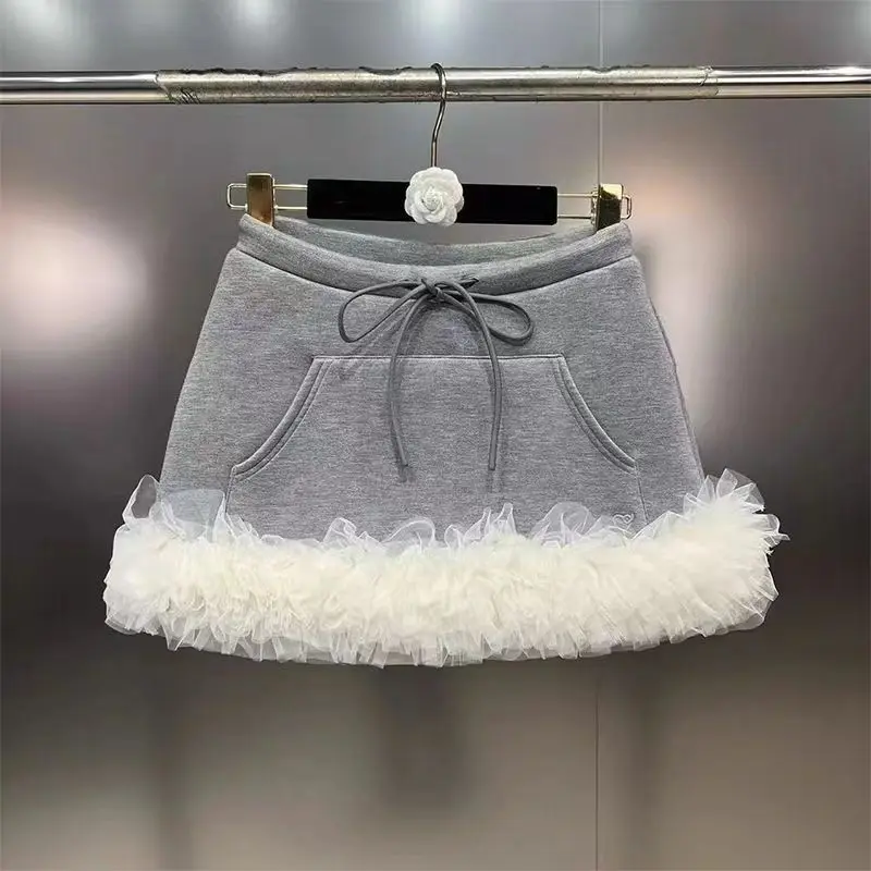 Patchwork Casual High Skirts for Women Grey Harajuku Waist Faldas Mujer Moda Jupe Mini Femme Autumn Mesh Skirt Y2k