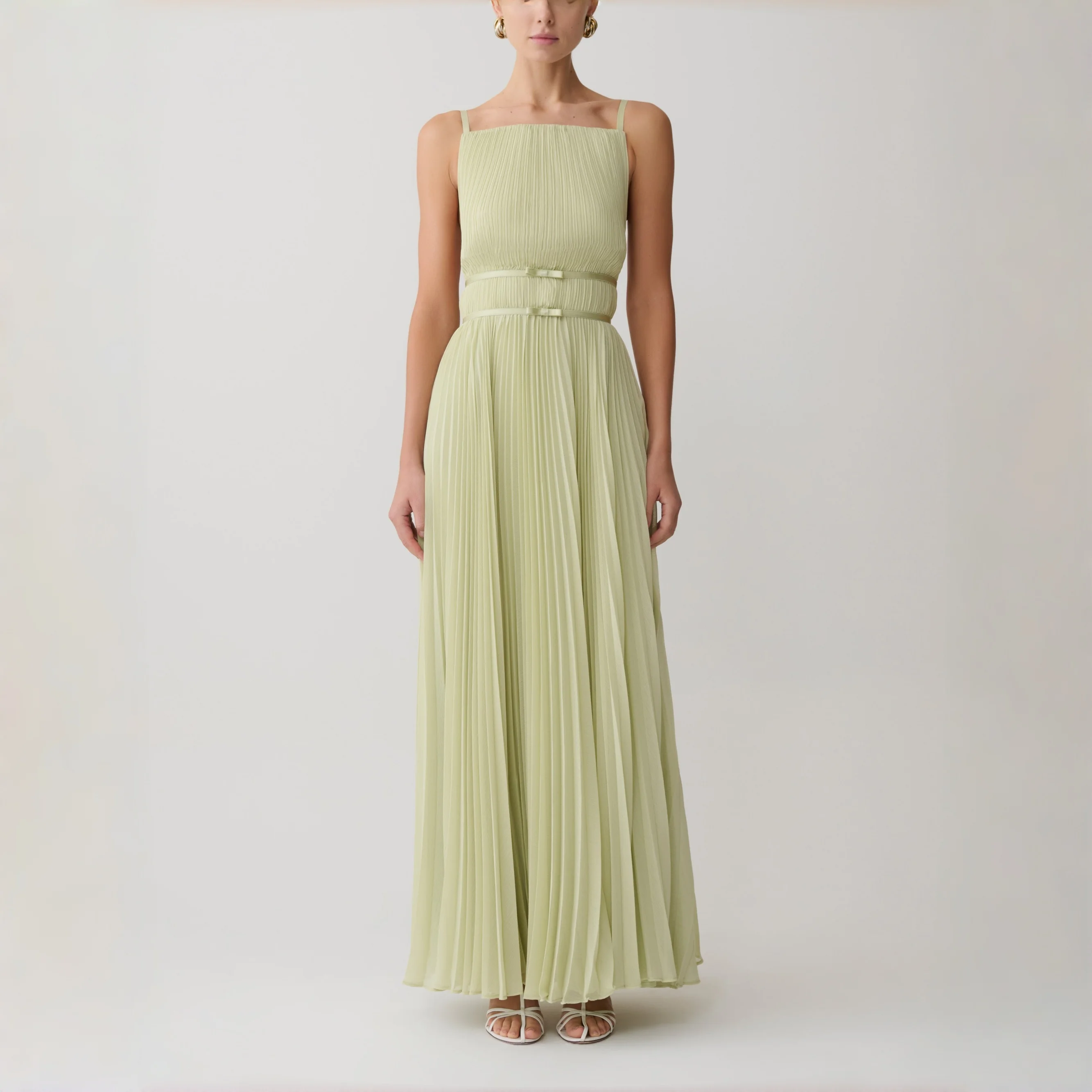 Light Green Pleated Chiffon Maxi Dress with Spaghetti Straps and Open Back Cocktail Party Bridesmaid Prom Wedding Guest Gown