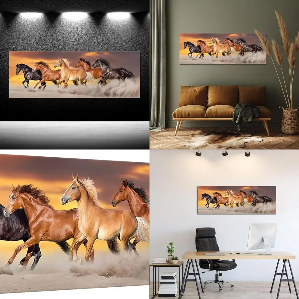 

Equine Majesty: большая настенная живопись на холсте — Majestic Horses in Dusty Desert Panorama, 20x55 дюймов