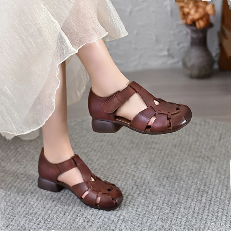 Leather Roman Style Sandals Women's Comfortable Casual Low Heel Soft Bottom Mom Shoes Cotton Linen Style Summer Open Toe