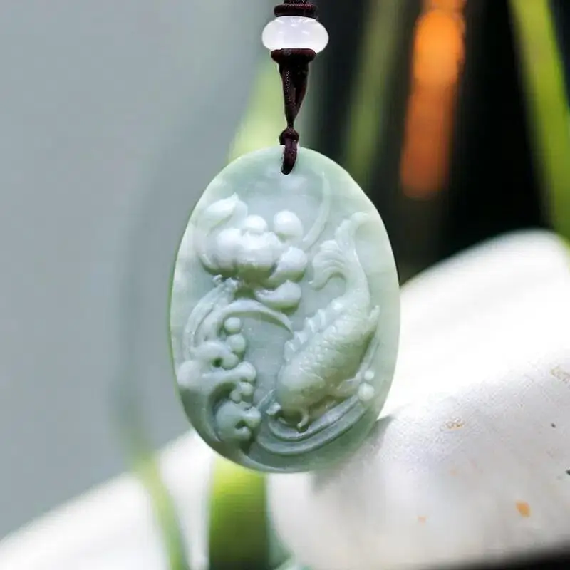 

Natural Real Jade Carp Lotus Pendant Necklace Designer Charm Chinese Carved Jewelry Gemstones Stone Talismans Amulet Vintage