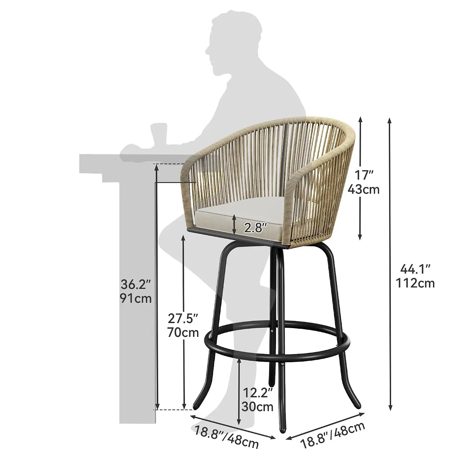 Outdoor Swivel Bar Stools 4-Pack with Cushions & 360 Rotation, Patio Rattan Chairs for Backyard Poolside, Customized