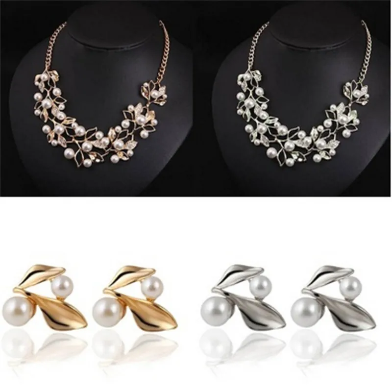 1Set Pearl Choker Necklace Bridal Jewelry Women Banquet All-match Beaded Crystal Leaf Elegant Luxury Necklace Earring Jewelry image 6