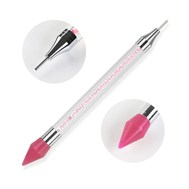 Nail Art White Dual-head Wax Pen With Diamante Embellishment And Rhinestone Picker, Crystal Rhinestone Applicator Tool