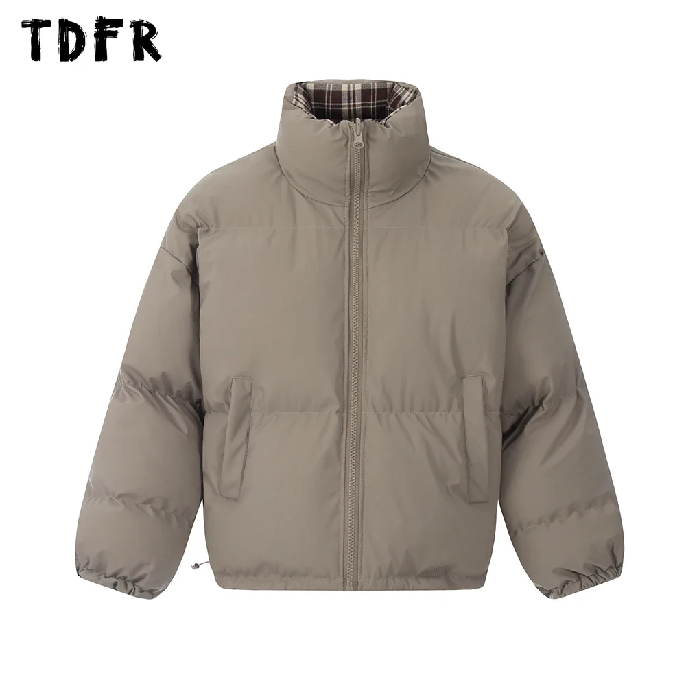 Double-sided Bread Jacket Mens Winter Retro Casual Stand Collar Long Sleeve Drawstring Hem Padded Jacket Men