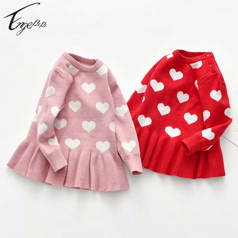 

2024 Children Baby Girls Sweet Loving Dress Knitted Longs Sleeves Girls Dress Girls Princess Spring Autumn Valentine's Day Dress