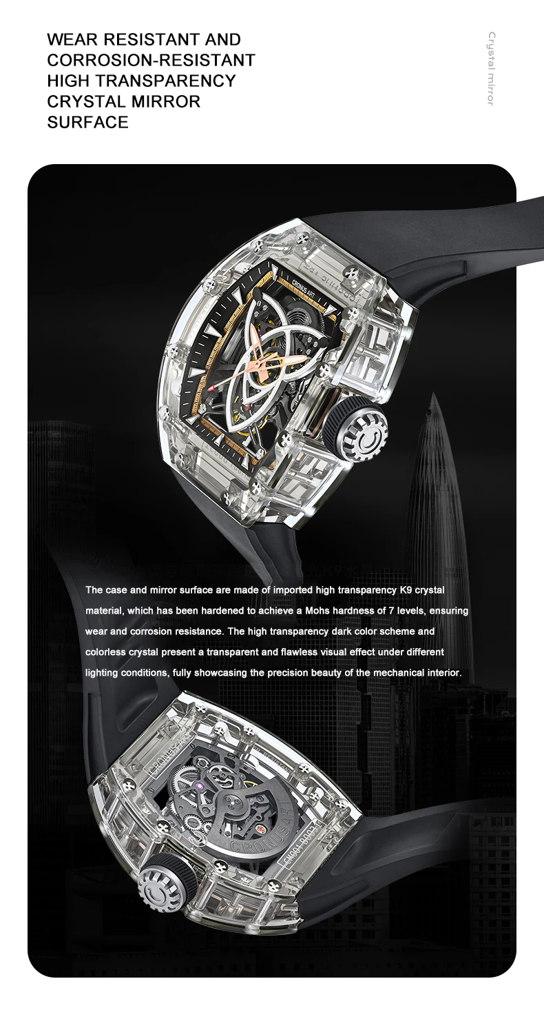 CRONUSART Men Automatic Watch Tonneau Mechanical Wristwatch High Transparency Acrylic Case Fluororubber Strap Skeleton Dial