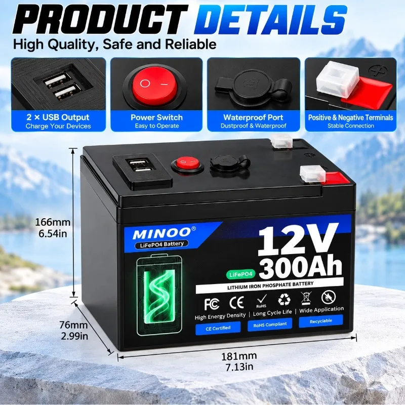 12V 300Ah Lithium Iron Phosphate Battery Built-in BMS Long Life Deep Cycle Power for RV Marine Solar Energy Storage