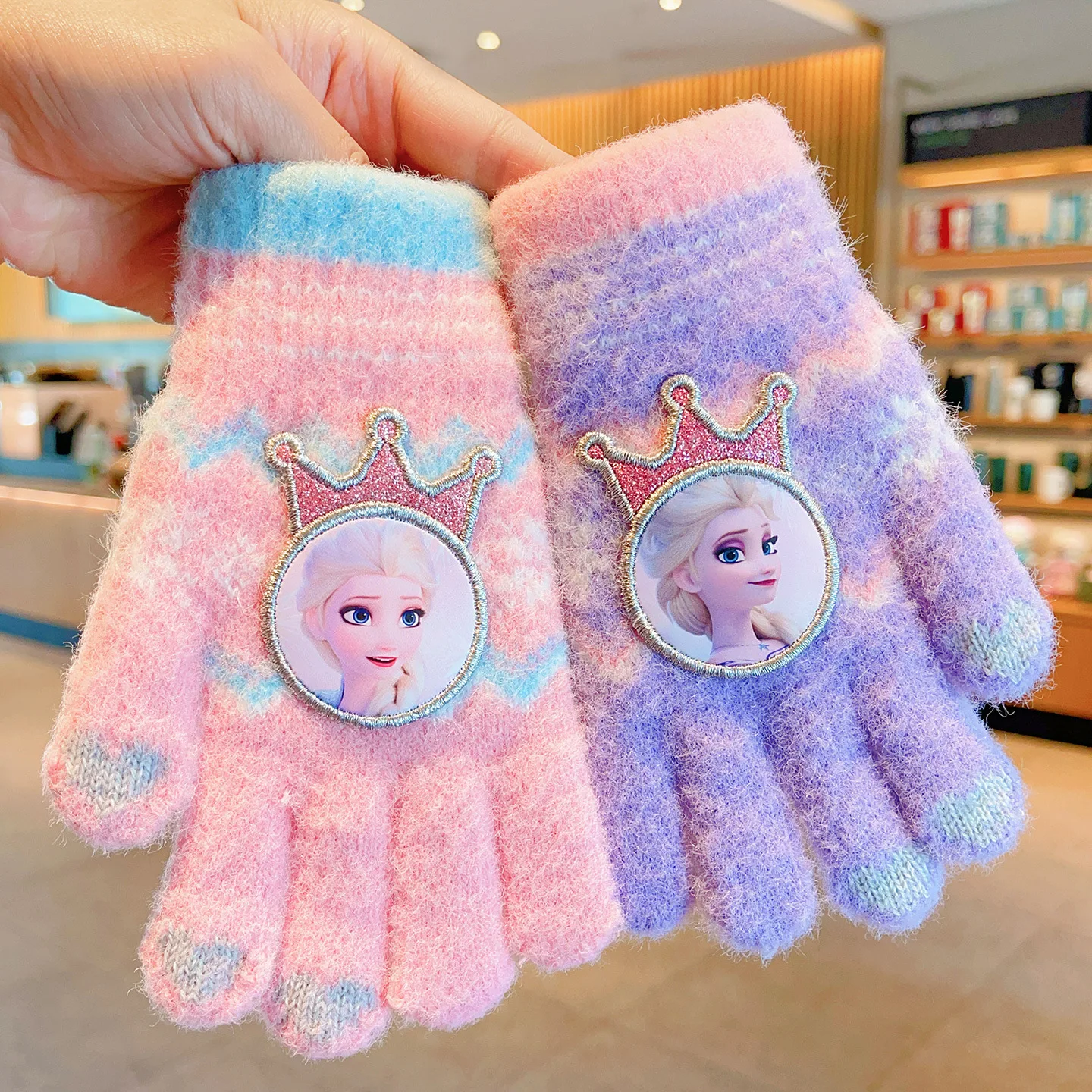 قفازات الأصابع الجليدية والثلج الأميرة إلسا فتاة محبوكة الكرتون الشتاء الدافئة خمسة أصابع قفازات شاشة اللمس للأطفال #2