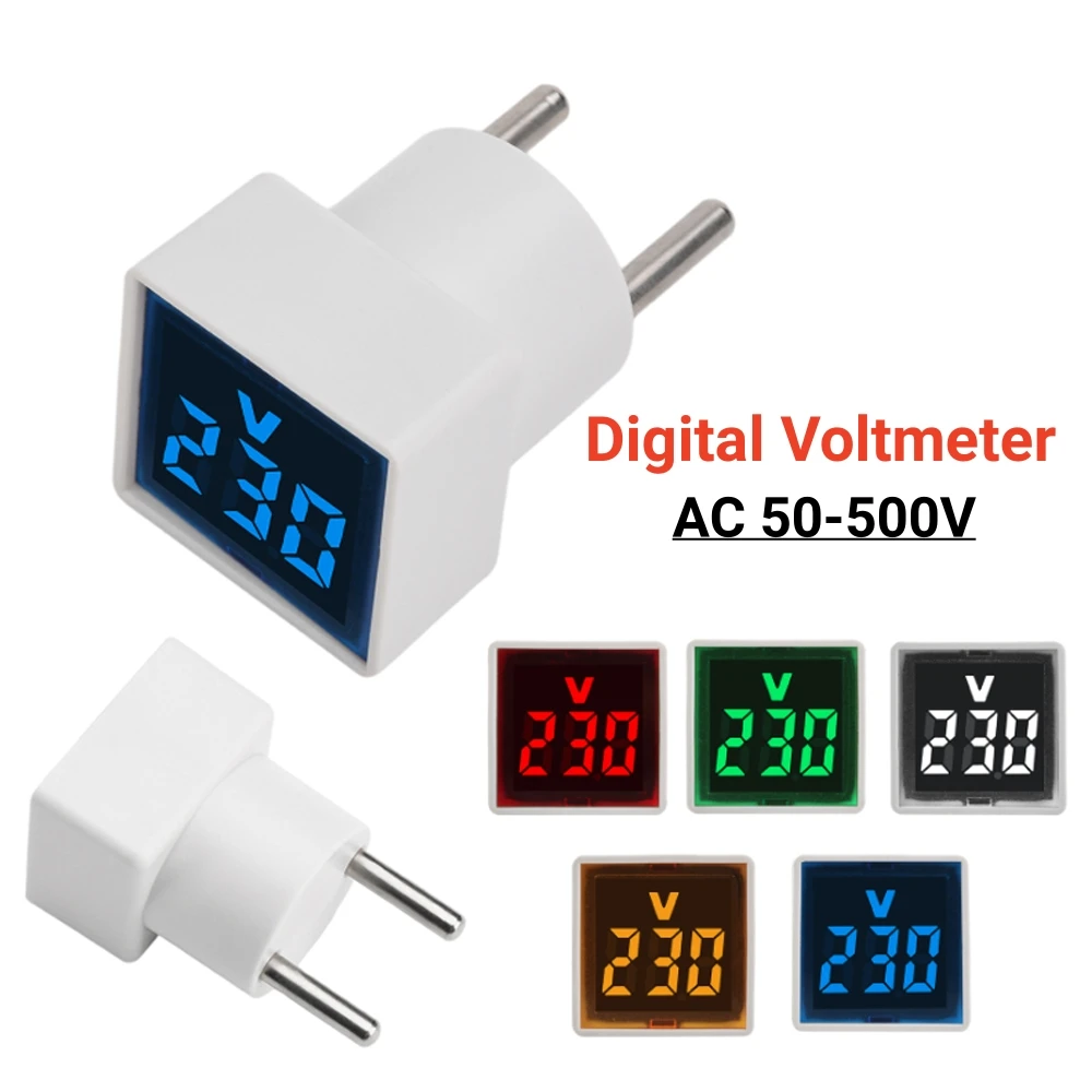 Square Voltmeter Digital Voltage Tester Monitor EU Plug LED Display Voltmeter Indicator Light Electrical Instruments AC 50V-500V