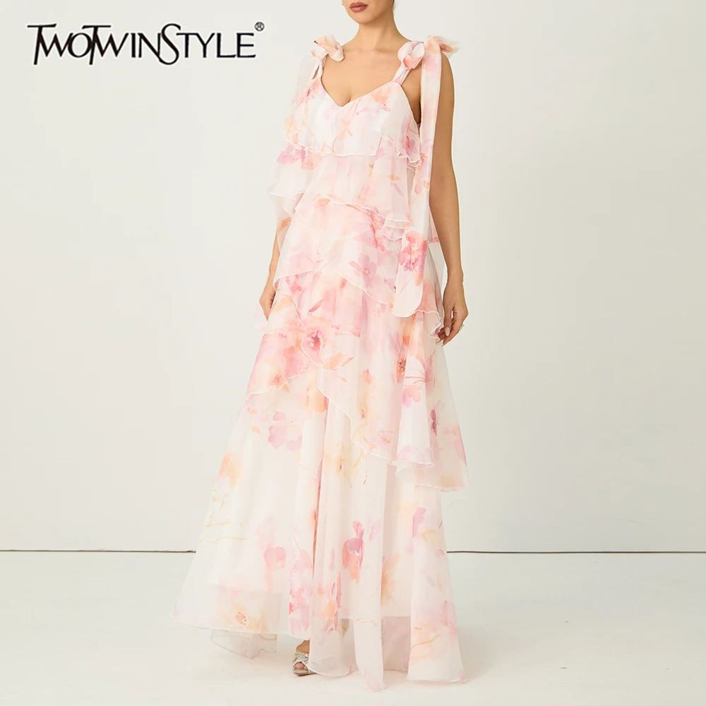 TWOTWINSTYLE Colorblock Slimming Spliced Printing Dress for Women V Neck Sleeveless Patchwork Ruffles Fold Dresses Female New