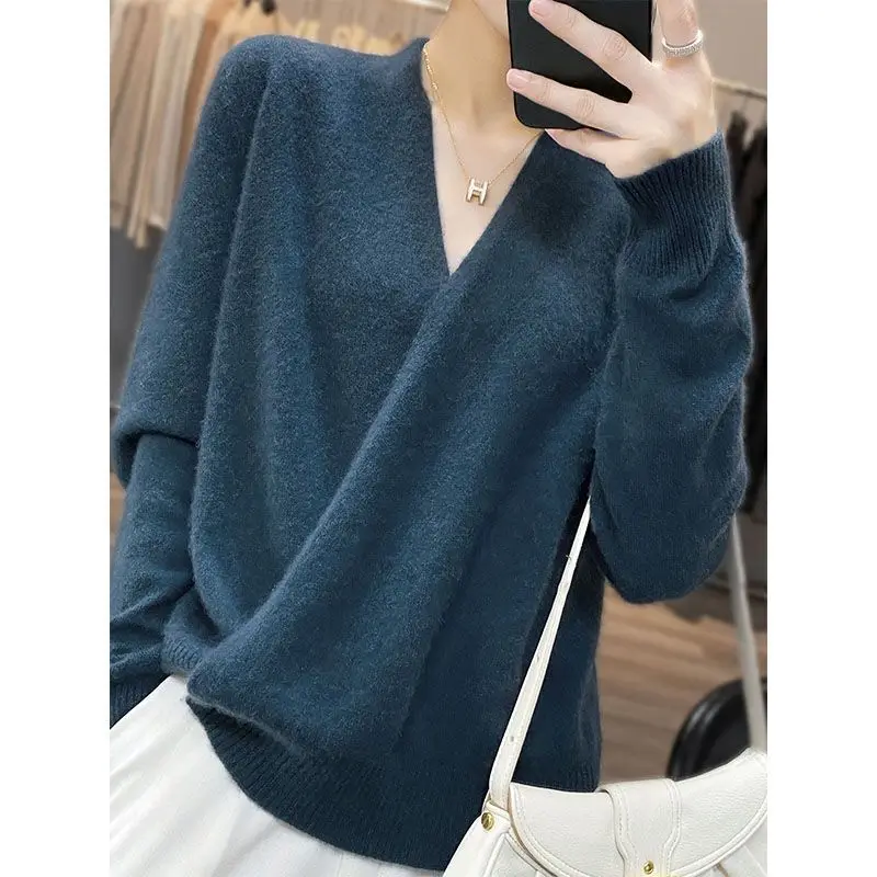 Women's 100% Merino Wool Autumn Winter Cross Wrap Pullover Sweater V Neck Muted Luxe For City Sightseeing Multi Layer Matching