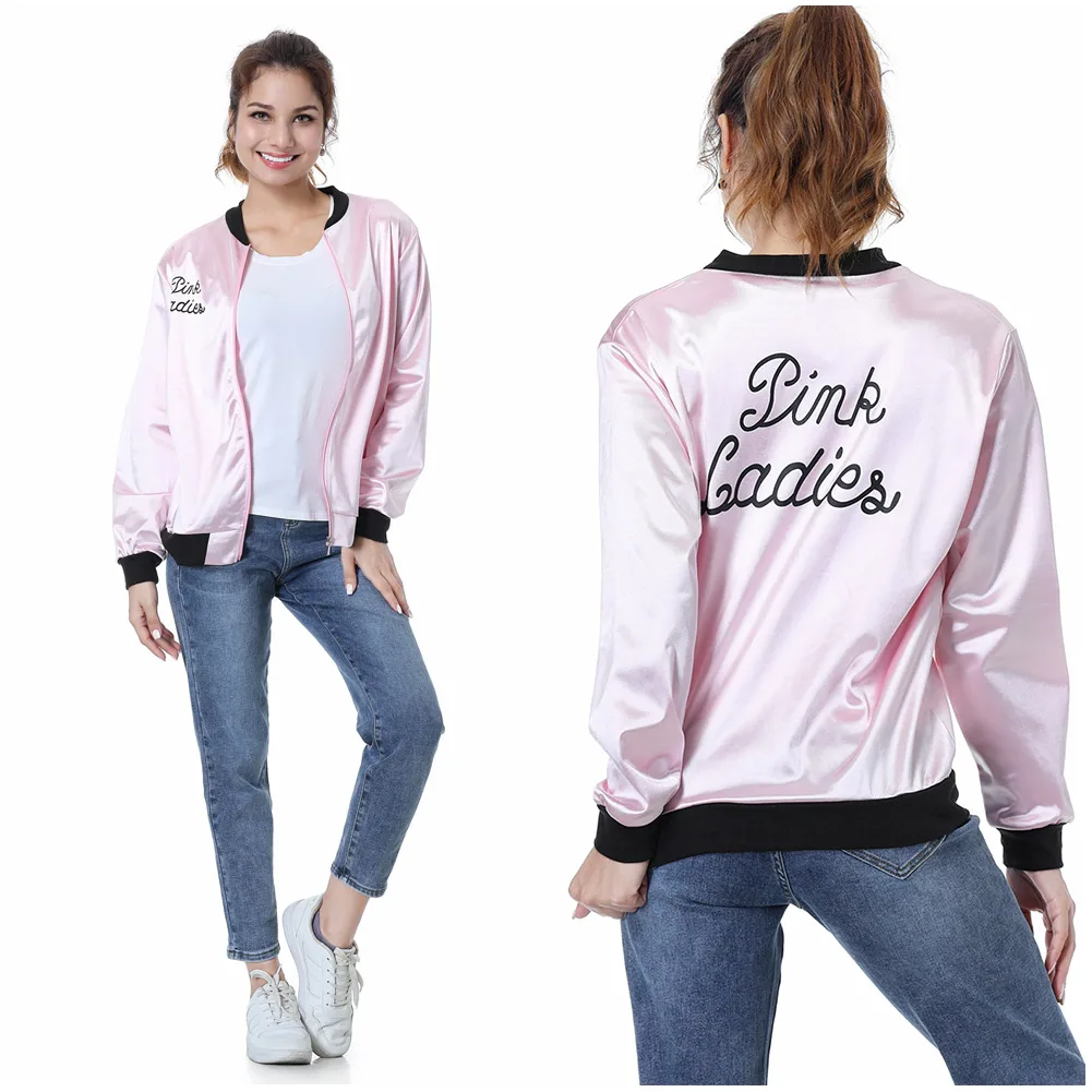 Pink Lady Cosplay Coat Jacket Costume Grease Letter Printed Long Sleeve Girls Baseball Jacket  Women Halloween Party Costumes