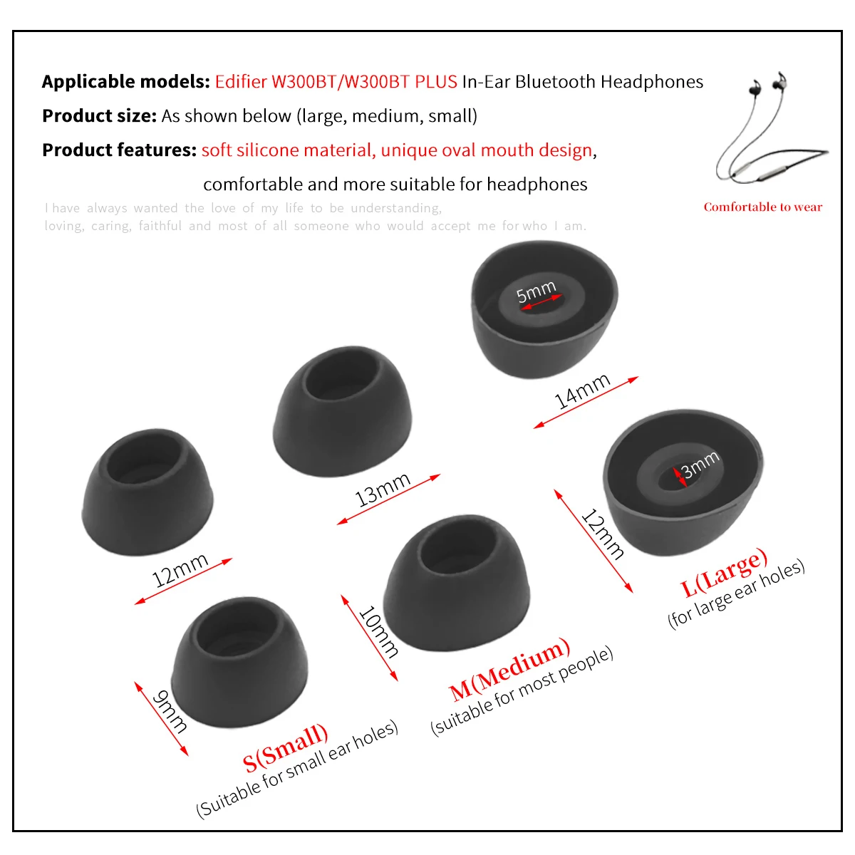 6Pcs Silicone Ear Tips for Edifier W300BT PLUS Bluetooth Eartips for Edifier W300BT Headphones Tips Oval Mouth